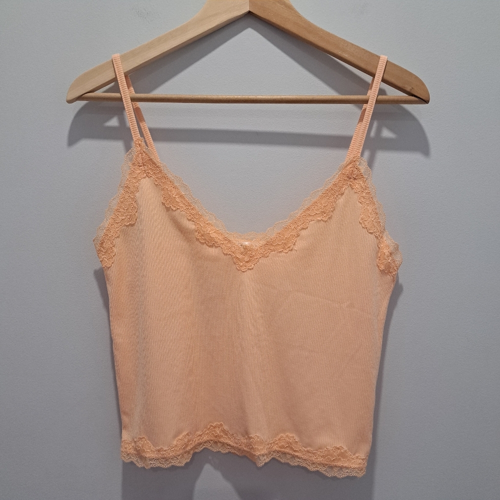 Peach Lace Trim Coquette Fairycore Cottagecore Ribbed Cami Top Womens M